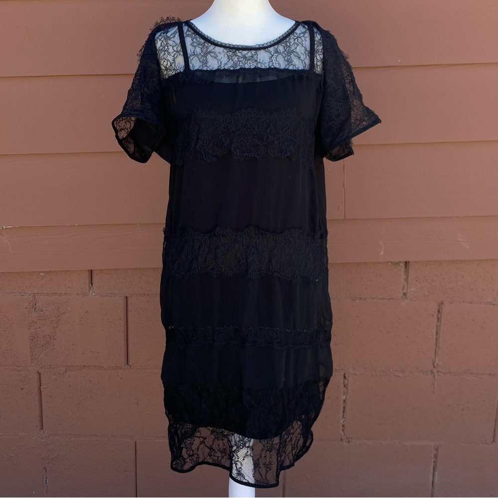 Sandro Black Lace Silk Short Sleeve Mini Dress - Size 3 (Small)